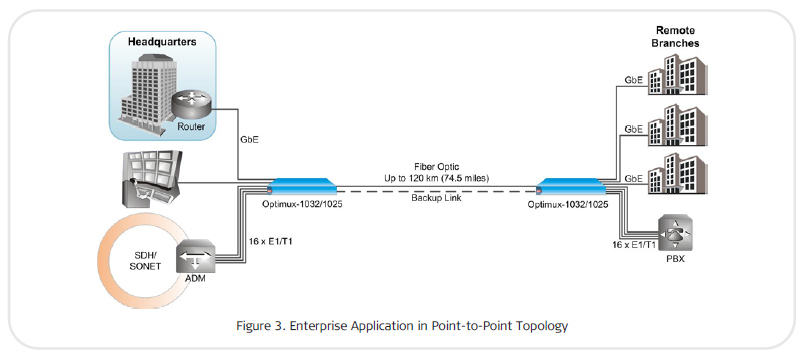 Enterprise application in a point to point topology using the OP-1025 aka Optimux-1025
